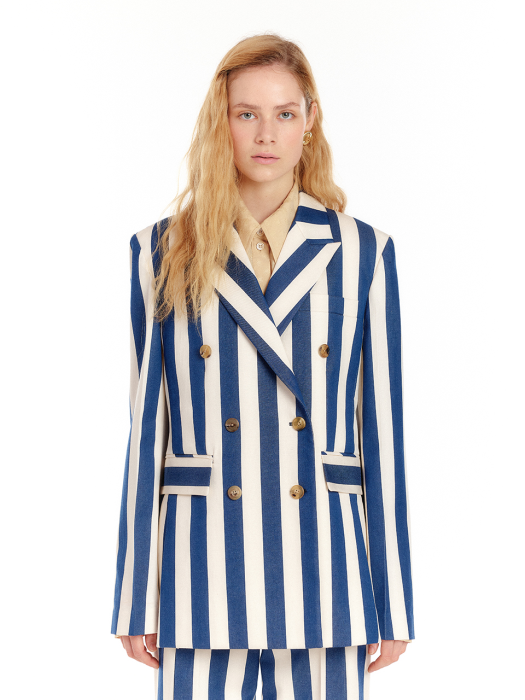 Eenk Uptown Double-Breasted Blazer - Ivory/Navy Stripe