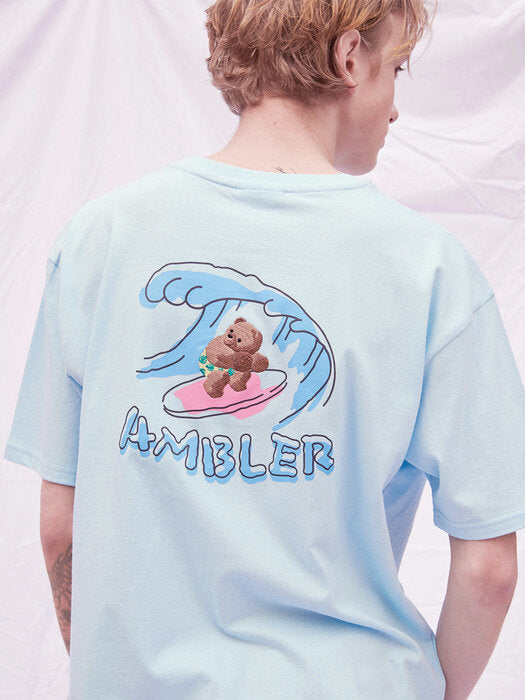 [ambler] Surfing Bear Over fit T-Shirts AS916 (Blue)