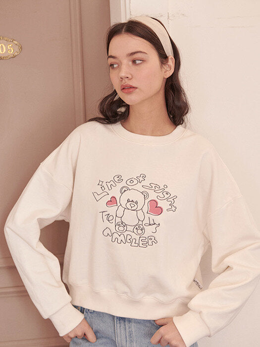 [ambler] Lovely Bear Over fit Crop Sweatshirt AMC101 (Cream)