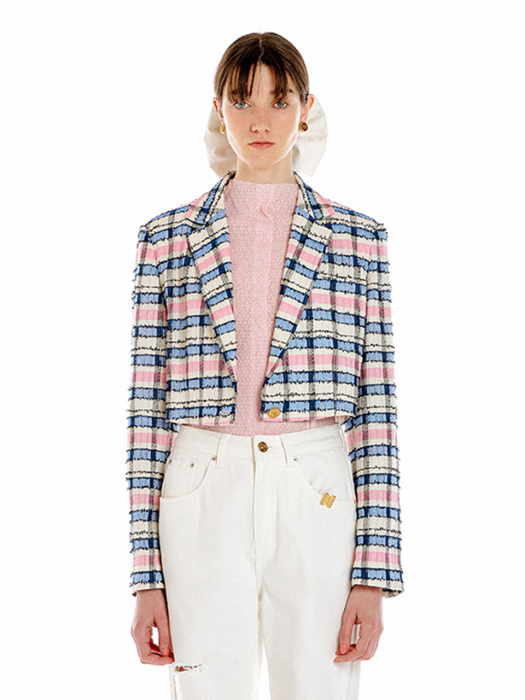 Eenk Umbo Single-Breasted Short Jacket - Ivory/Pink/Blue Multi