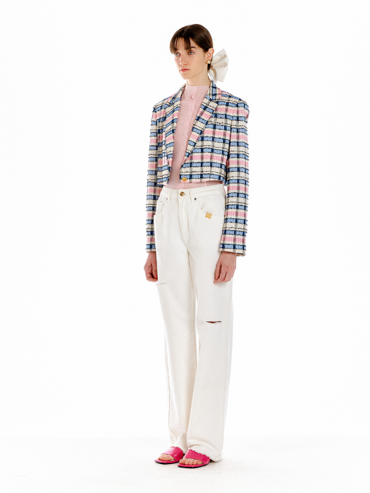 Eenk Umbo Single-Breasted Short Jacket - Ivory/Pink/Blue Multi