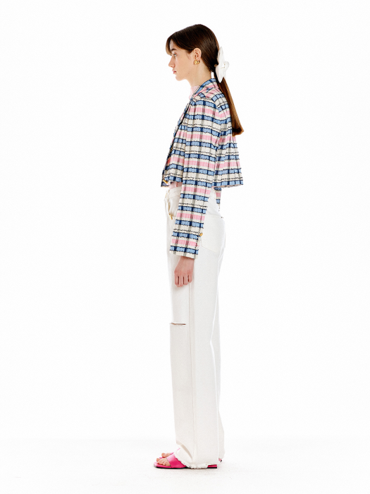 Eenk Umbo Single-Breasted Short Jacket - Ivory/Pink/Blue Multi