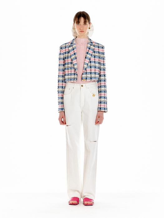 Eenk Umbo Single-Breasted Short Jacket - Ivory/Pink/Blue Multi