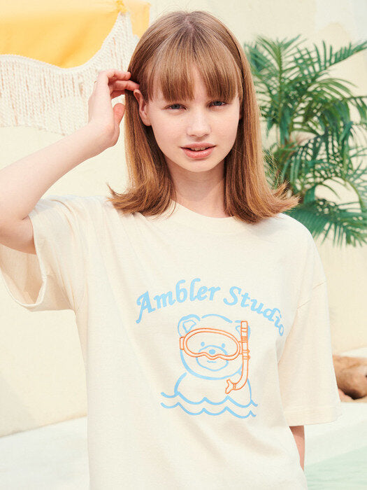 [ambler] Snorkeling Bear Over fit T-Shirts AS927 (Cream)