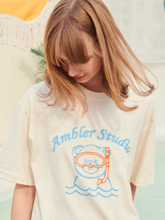 [ambler] Snorkeling Bear Over fit T-Shirts AS927 (Cream)