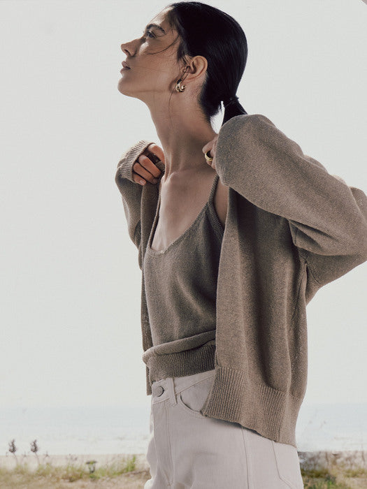 [moia] natural cardigan+round sleeveless (pale khaki)