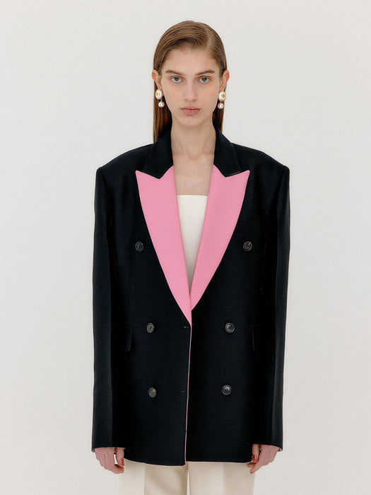 Eenk Vell Contrasted Collar Double-Breasted Blazer - Black/Pink