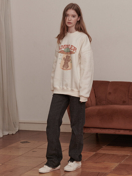 [ambler] Pizza UFO Over fit Sweatshirt AMM1006 (ivory)