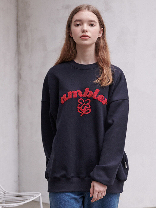 [ambler] Boucle Flower Over fit Sweatshirt AMM1009 (navy)