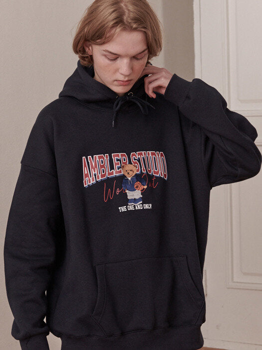 [ambler] Basketball Bear Over fit Hoodie AHP904 (navy)