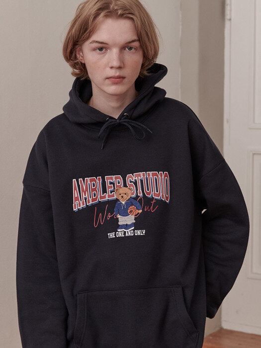 [ambler] Basketball Bear Over fit Hoodie AHP904 (navy)