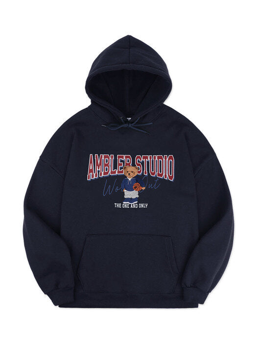 [ambler] Basketball Bear Over fit Hoodie AHP904 (navy)