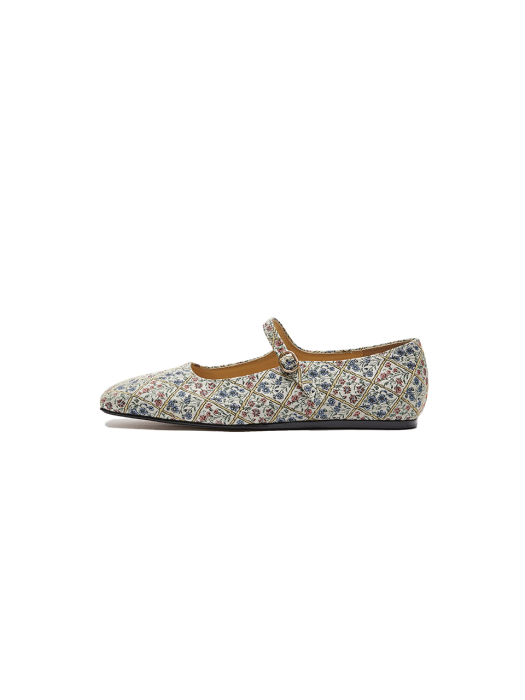 Eenk Vava Square Toe Mary-Jane Flats - Ivory/Blue Multi