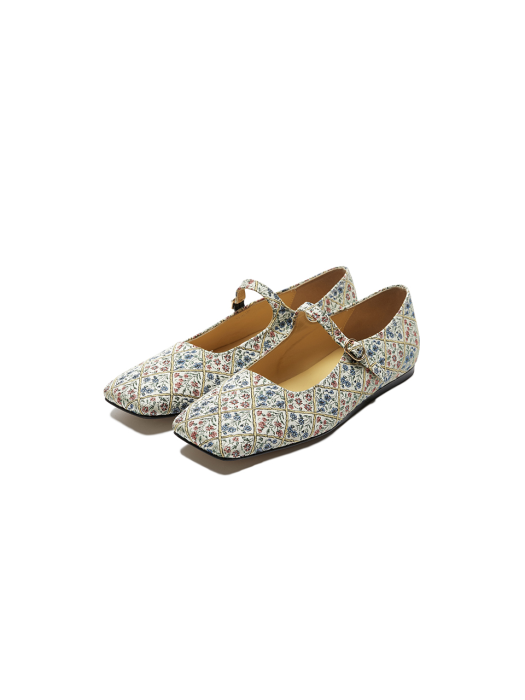 Eenk Vava Square Toe Mary-Jane Flats - Ivory/Blue Multi