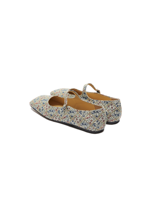 Eenk Vava Square Toe Mary-Jane Flats - Ivory/Blue Multi