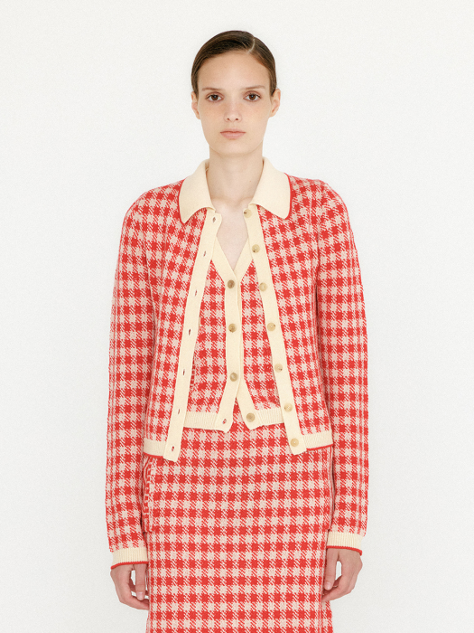 [EENK] Vink Gingham Check Knit Shirt - Red/Ivory