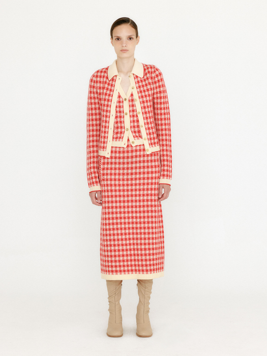 [EENK] Vink Gingham Check Knit Shirt - Red/Ivory