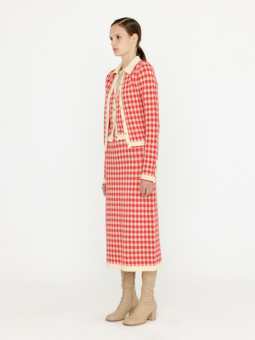 [EENK] Vink Gingham Check Knit Shirt - Red/Ivory