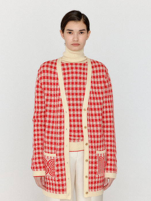 Eenk Vinkling Gingham Check Knit Midi Cardigan - Red/Ivory