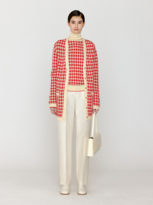Eenk Vinkling Gingham Check Knit Midi Cardigan - Red/Ivory