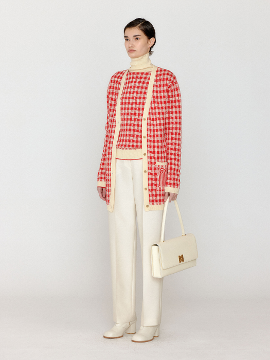 Eenk Vinkling Gingham Check Knit Midi Cardigan - Red/Ivory