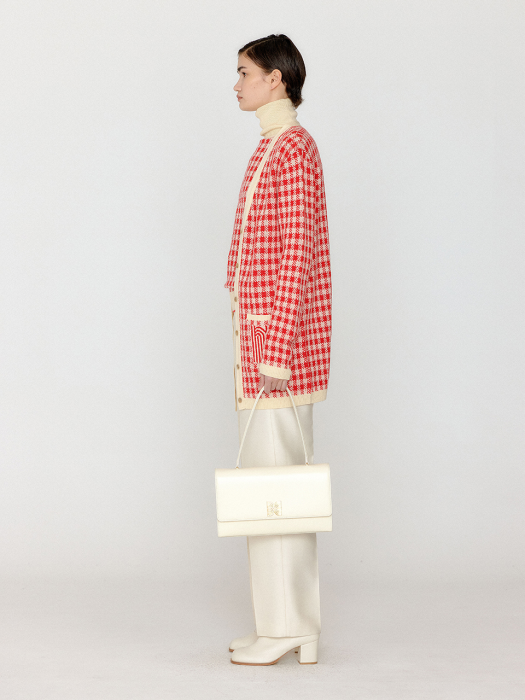 Eenk Vinkling Gingham Check Knit Midi Cardigan - Red/Ivory