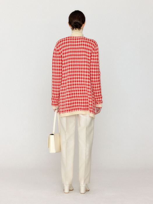 Eenk Vinkling Gingham Check Knit Midi Cardigan - Red/Ivory