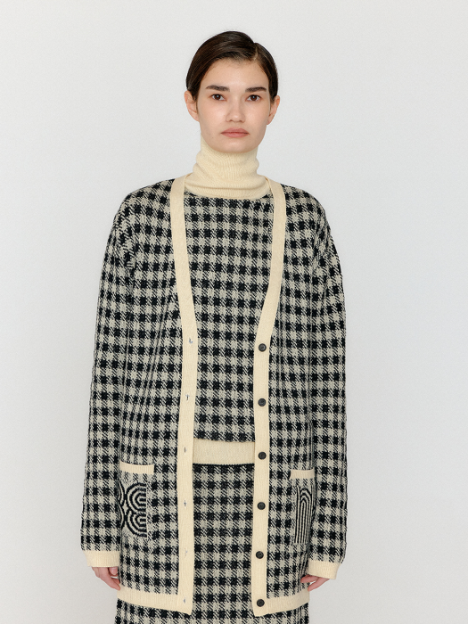 Eenk Vinkling Gingham Check Knit Midi Cardigan - Black/Ivory