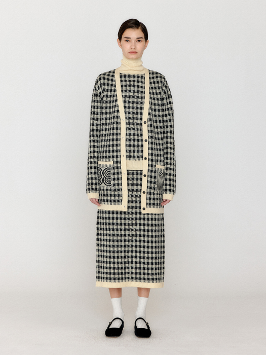 Eenk Vinkling Gingham Check Knit Midi Cardigan - Black/Ivory