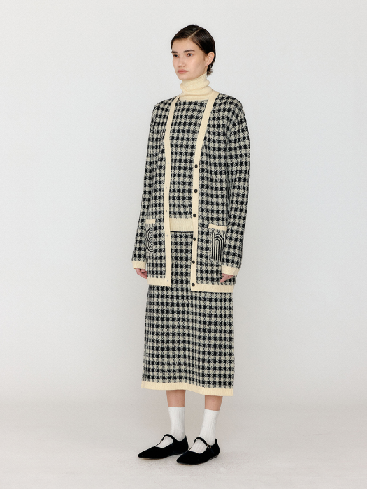 Eenk Vinkling Gingham Check Knit Midi Cardigan - Black/Ivory