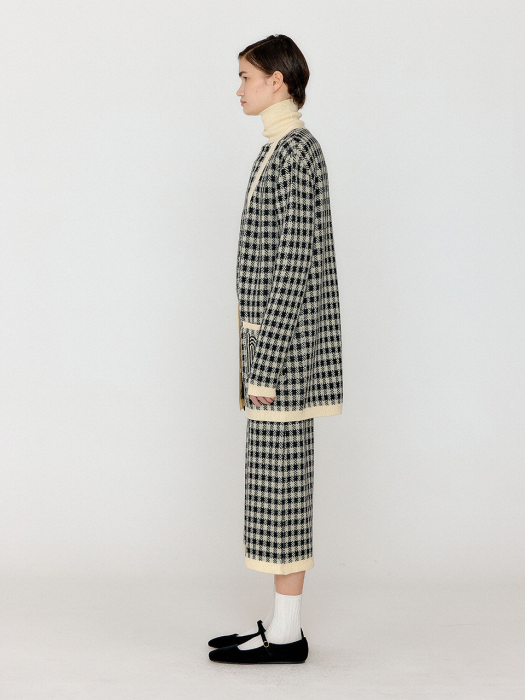 Eenk Vinkling Gingham Check Knit Midi Cardigan - Black/Ivory