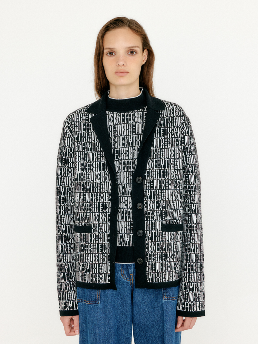 Eenk Vibby Jacquard Pattern High Neck Cardigan - Black/Ivory Multi