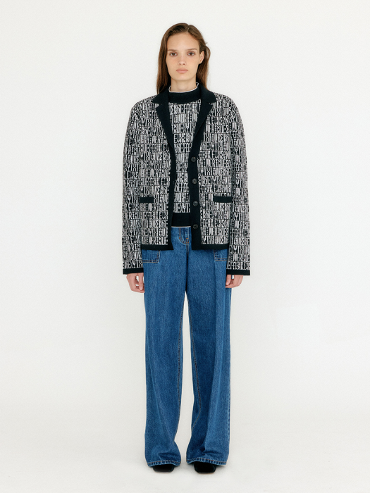 Eenk Vibby Jacquard Pattern High Neck Cardigan - Black/Ivory Multi