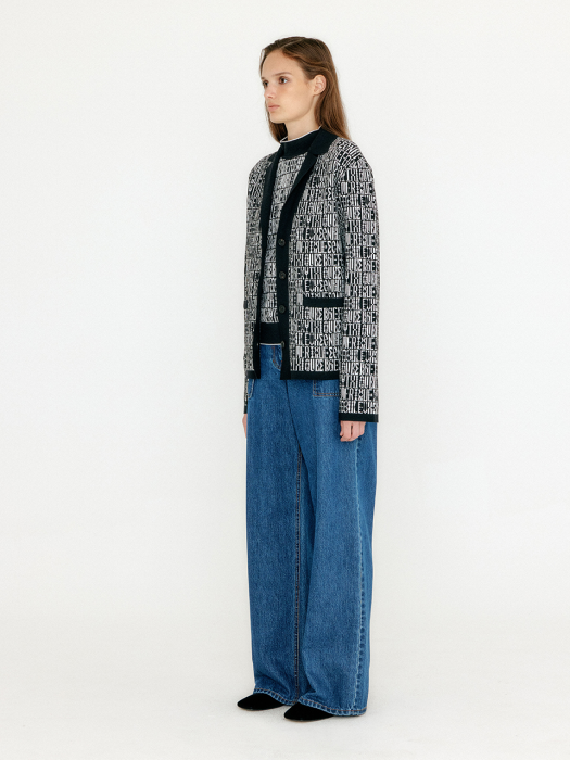 Eenk Vibby Jacquard Pattern High Neck Cardigan - Black/Ivory Multi