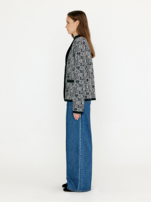 Eenk Vibby Jacquard Pattern High Neck Cardigan - Black/Ivory Multi