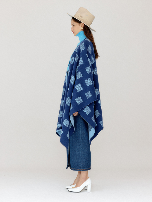 Eenk Vcape Logo Jacquard Knit Cape - Blue/Sky Blue