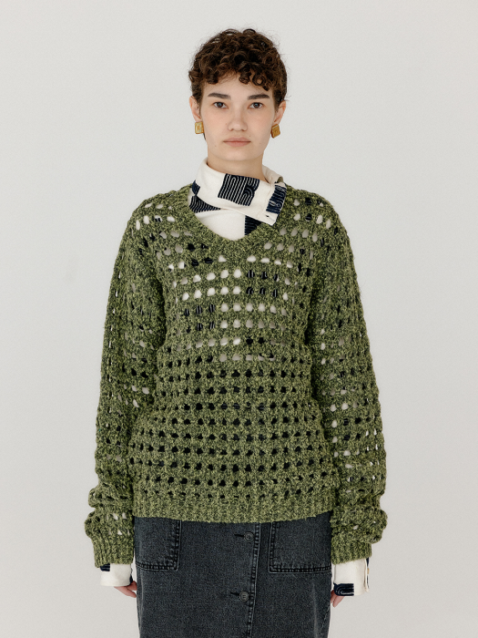 Eenk Vnet V-Neck Net Knit Pullover - Khaki
