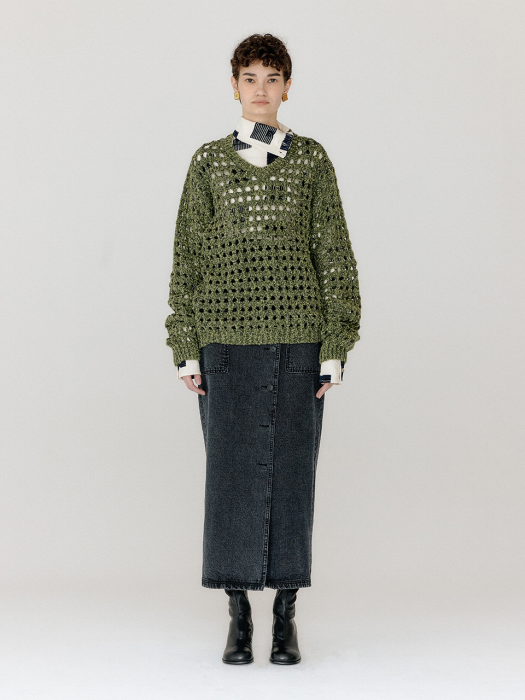 Eenk Vnet V-Neck Net Knit Pullover - Khaki