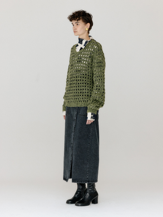 Eenk Vnet V-Neck Net Knit Pullover - Khaki
