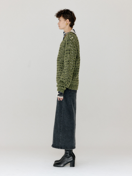 Eenk Vnet V-Neck Net Knit Pullover - Khaki