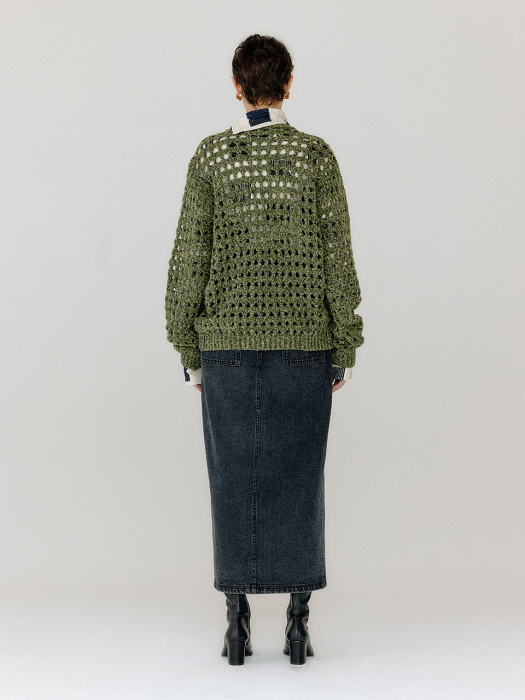 Eenk Vnet V-Neck Net Knit Pullover - Khaki