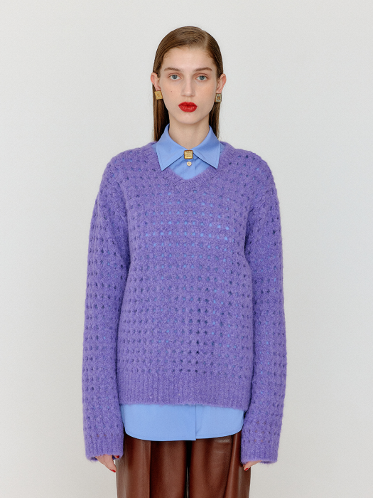 [EENK] Vnet V-Neck Net Knit Pullover - Violet