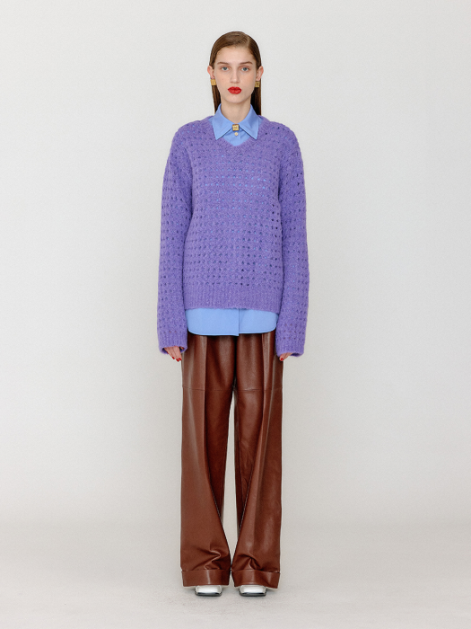 [EENK] Vnet V-Neck Net Knit Pullover - Violet