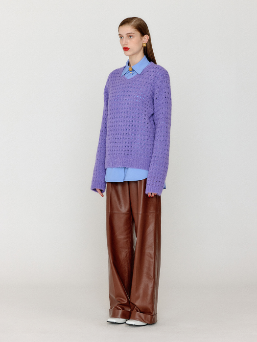 [EENK] Vnet V-Neck Net Knit Pullover - Violet