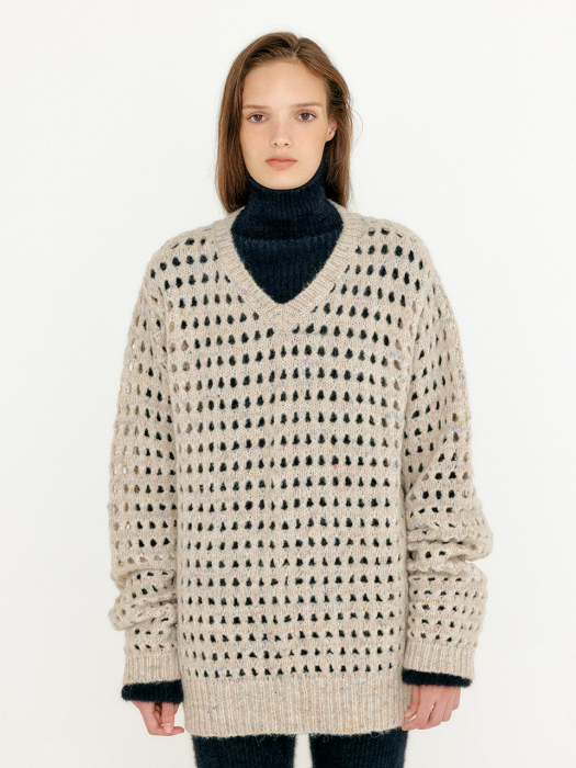 Eenk Vnet V-Neck Net Knit Pullover - Beige Multi