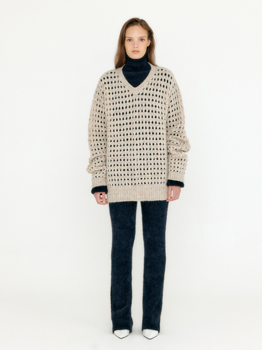 Eenk Vnet V-Neck Net Knit Pullover - Beige Multi