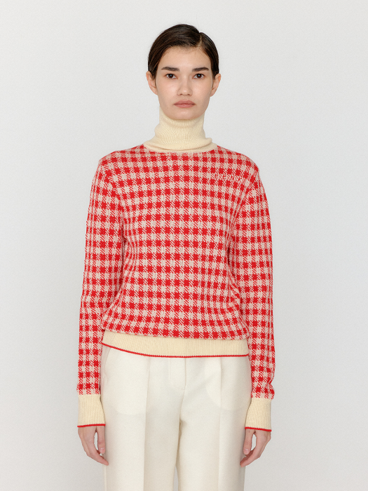 Eenk Vinky Gingham Check Knit Pullover - Red/Ivory