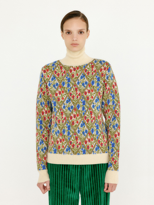 Eenk Vinky Floral Pattern Knit Turtleneck - Ivory/Blue/Red Multi