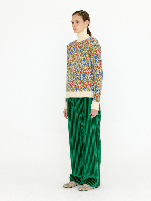 Eenk Vinky Floral Pattern Knit Turtleneck - Ivory/Blue/Red Multi