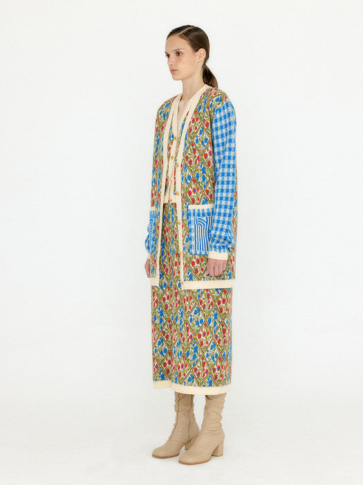 Eenk Vemily Floral Pattern Knit Midi Skirt - Ivory/Blue/Red Multi